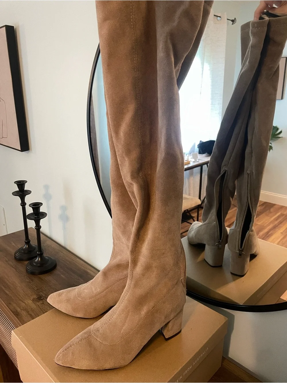 Taupe Suede Over-The-Knee Block Heel Boots